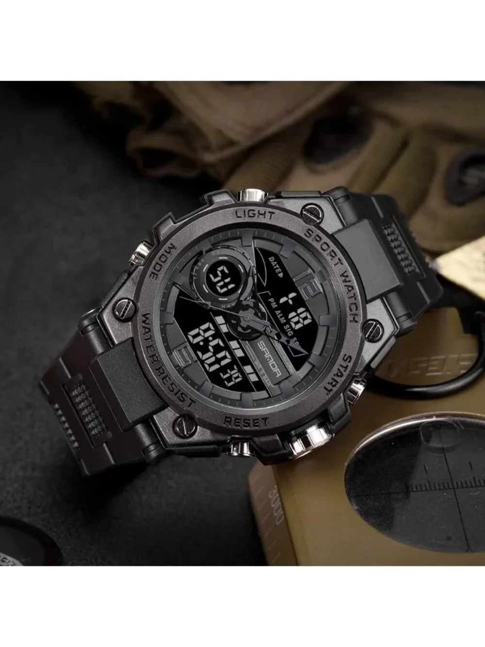 Mens All Black Analog Quartz Sport Outdoor Waterproof Military LED Digital Watch
